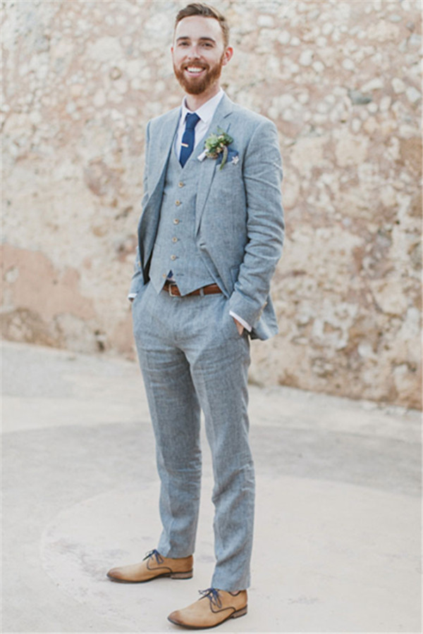 Latest Summer Blue Linen Beach Notched Lapel Wedding Suit