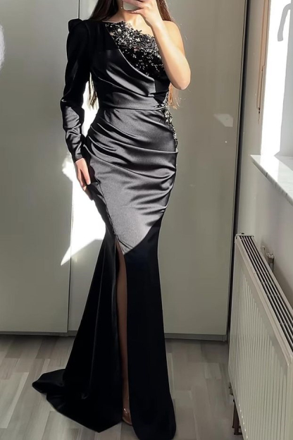 Long Sleeve One Shoulder Mermaid Split Evening Dress With Beadings