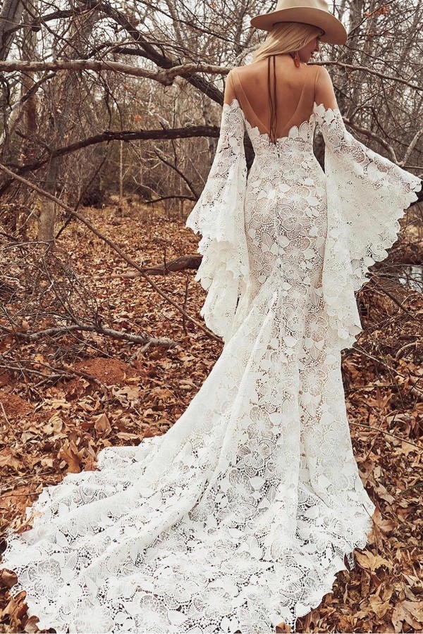 Glamorous Mermaid Long Sleeves Floor-Length Wedding Dresses with Lace