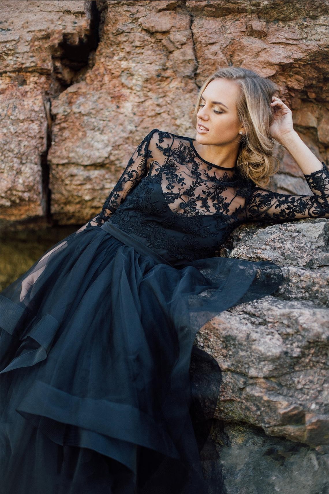 Unique Black Bateau Long Sleeves Ruffles A-Line Wedding Dress with Appliques Lace Tulle