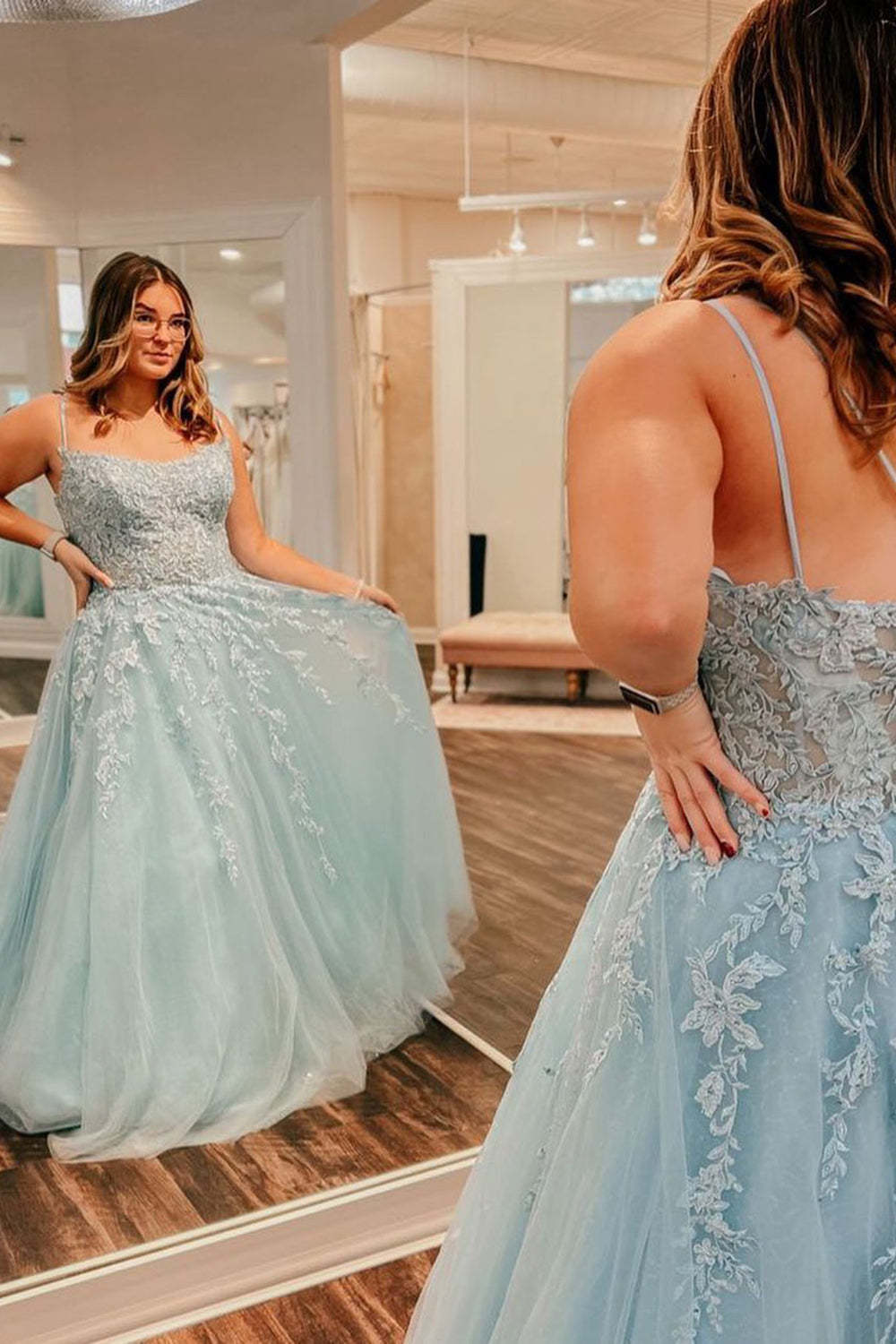 Light Blue Plus Size A-Line Prom Dress with Spaghetti Straps and Appliques