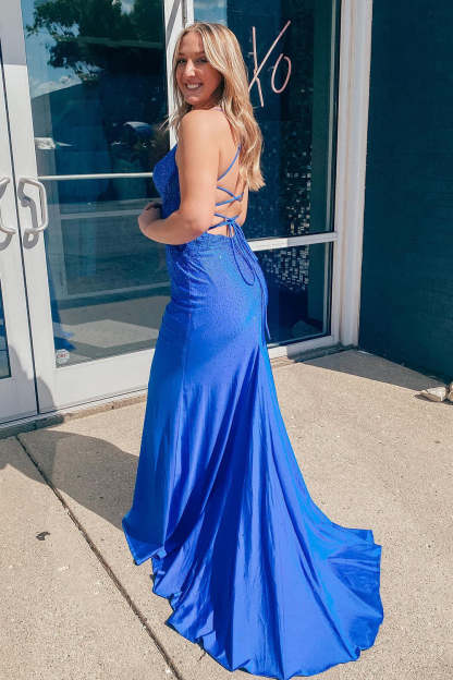 Plus Size Long Prom Dress with Beaded Mermaid Design in Royal Blue