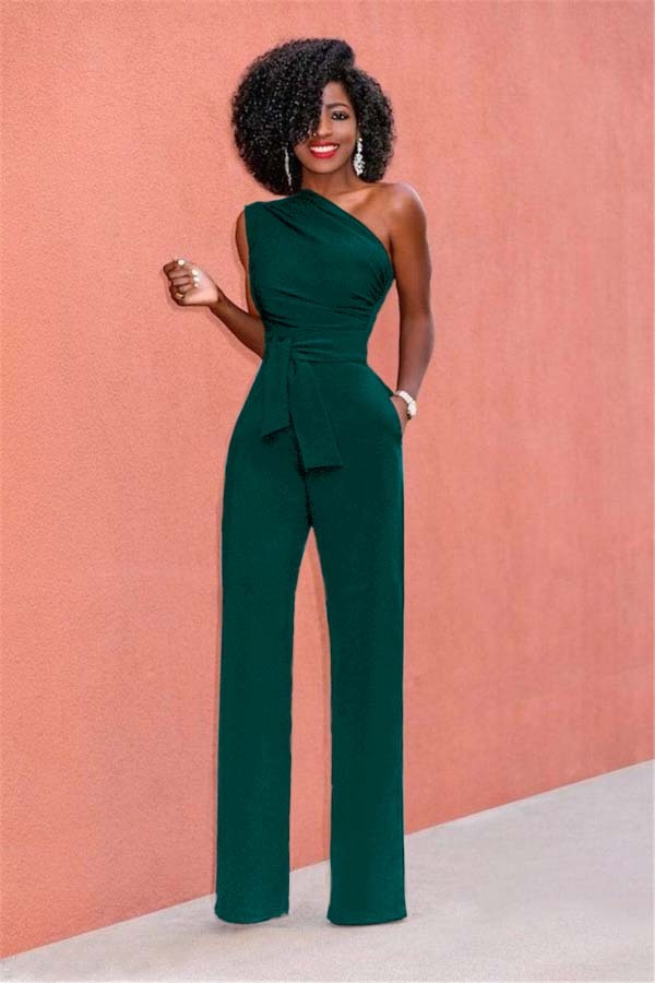 Concise Black One-Shoulder Daily Women's Jump Suit