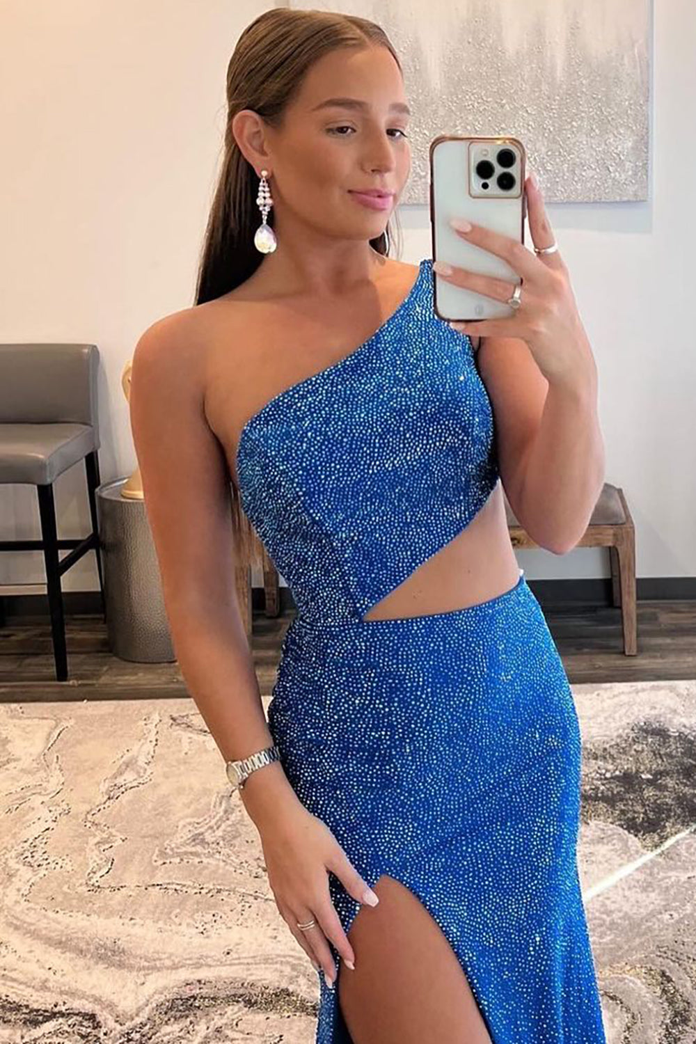 Royal Blue Hollow Out One Shoulder Long Sheath Prom Dress