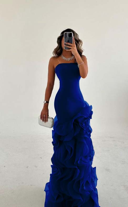 Strapless Sleeveless Long Mermaid Formal Dress With Tulle Ruffles