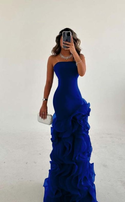 Strapless Sleeveless Long Mermaid Formal Dress With Tulle Ruffles