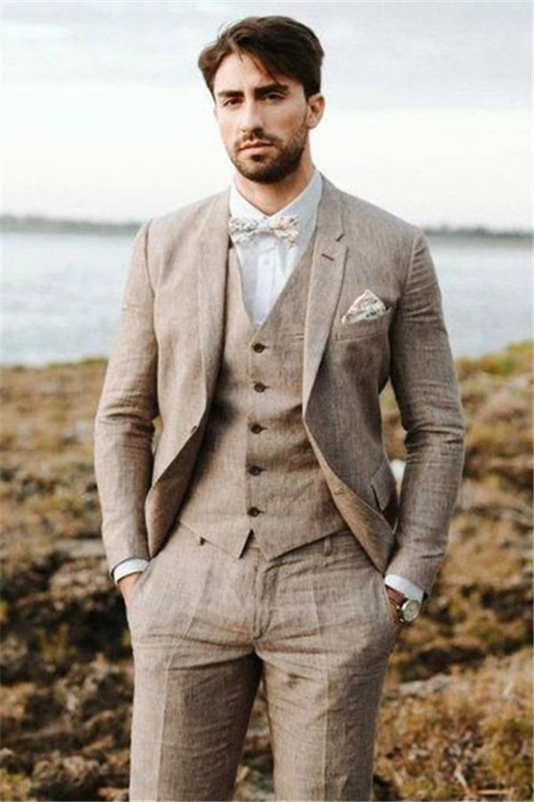 Classic Khaki Linen Summer Beach Men's Suits Three-Piece Groom Wedding Tuxedos