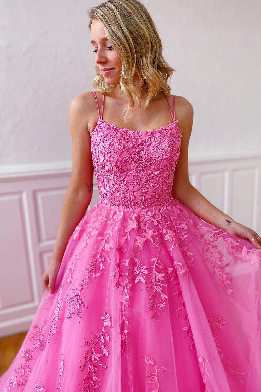 Prom Dress with Champagne Spaghetti Straps for Princess