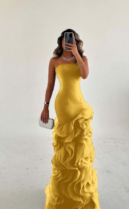 Strapless Sleeveless Long Mermaid Formal Dress With Tulle Ruffles