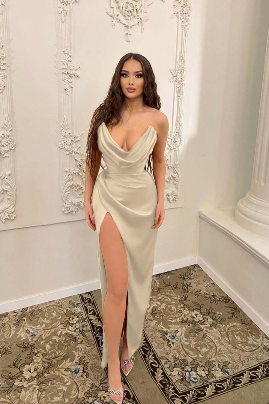 Sleeveless Strapless Long Mermaid Split Formal Dress With Pleated