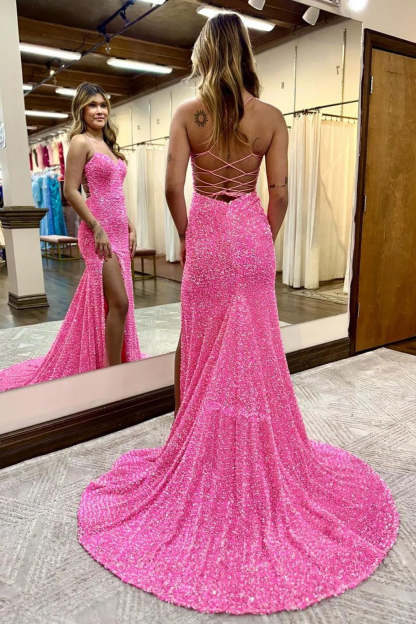 Long Purple Sequined Prom Dress with Mermaid Halter and Criss Cross Back