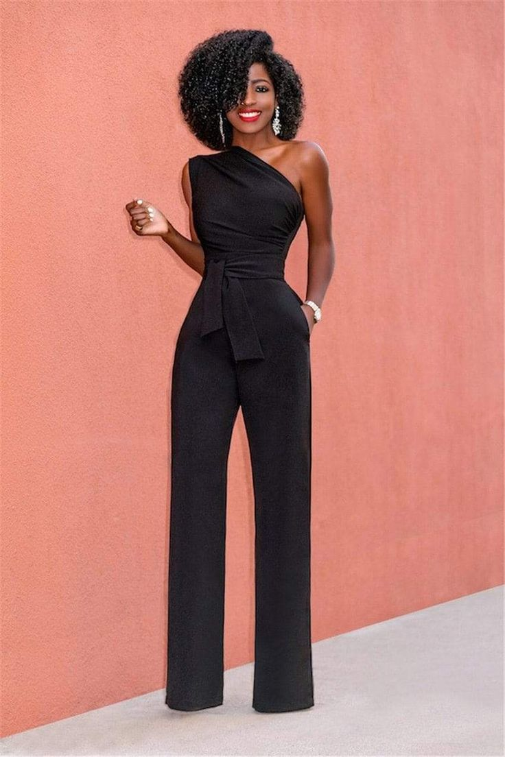 Concise Black One-Shoulder Daily Women's Jump Suit