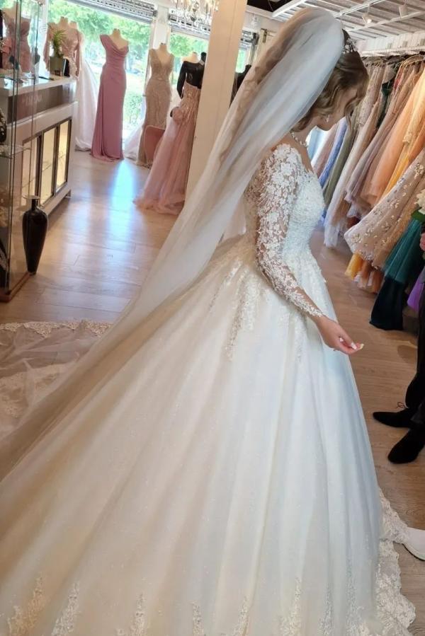 Stunning White V-Neck Lace A-Line Wedding Dress with Long Sleeves