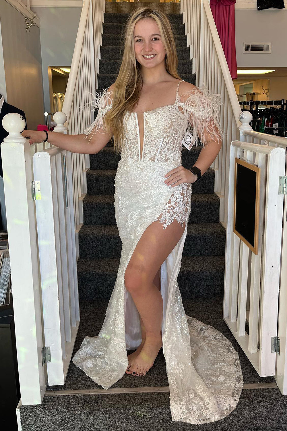 Mermaid Prom Dress with Lavender Appliques and Feathers