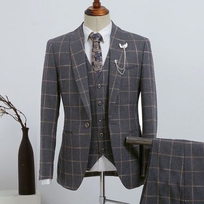Fashion Slim Fit Dark Gray Plaid Three-Piece Custom Business Suit