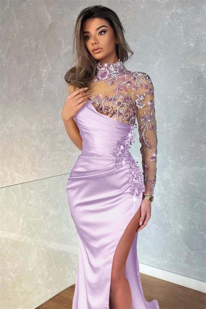 Dark Purple Appliques Mermaid High Collar Evening Dress With Beadings Split