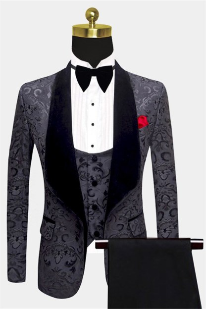 Unique Black Jacquard Men's Suits with Three-Piece Dinner Suits for Prom