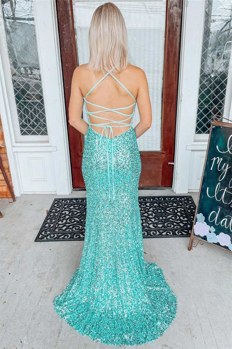 Jade V-Neck Spaghetti Strap Split Mermaid Evening Dress With Sequins