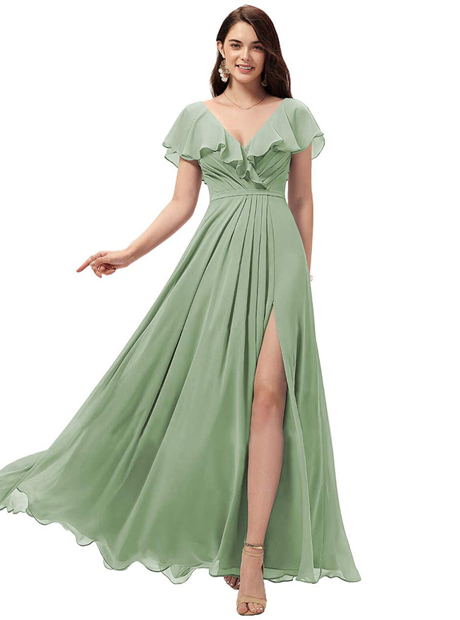 Chiffon Ruffles Bridesmaid Dress with Split