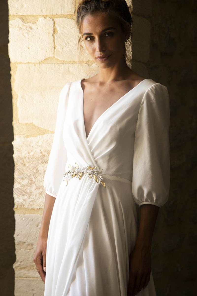 Half Sleeves Wedding Dress V-Neck