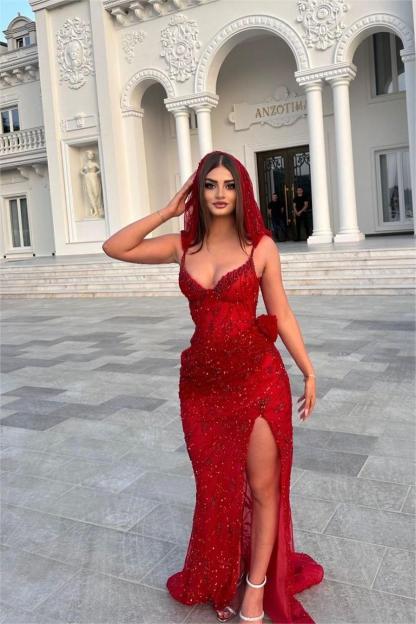 Stunning Red Sequins Spaghetti Strap Sleeveless Long Formal Dress With Split