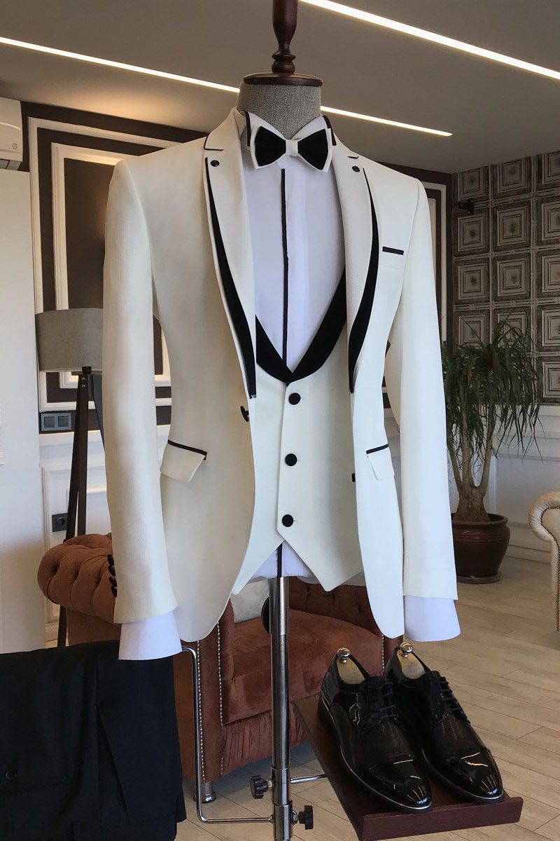 Gentle Designer Black Groom Wedding Suits with White Notched Lapel