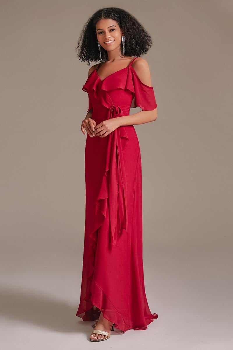 Red Chiffon Spaghetti-Straps Bridesmaid Dress with Ruffles
