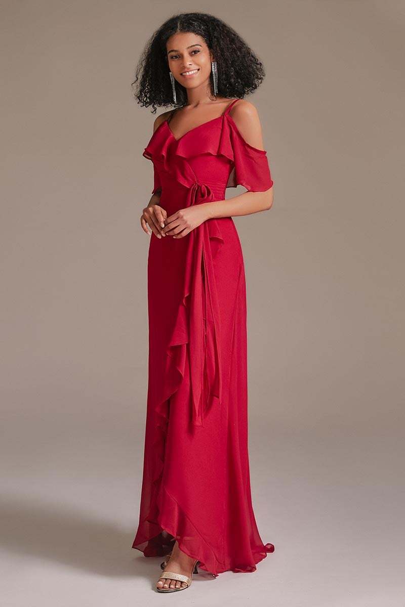 Red Chiffon Spaghetti-Straps Bridesmaid Dress with Ruffles