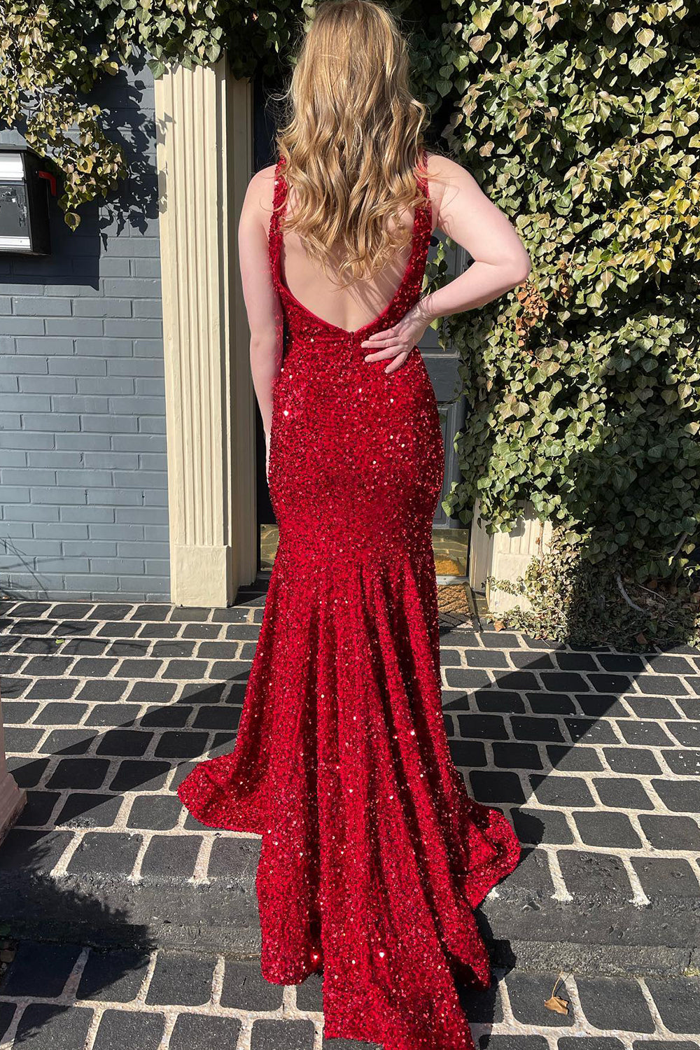 Red Sequined Long Prom Dress with Mermaid Deep V Neckline