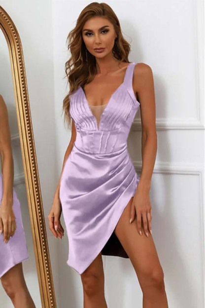 Cabemet Wide Shoulder Straps Pleats V-Neck Split Short Mini cocktail Dress