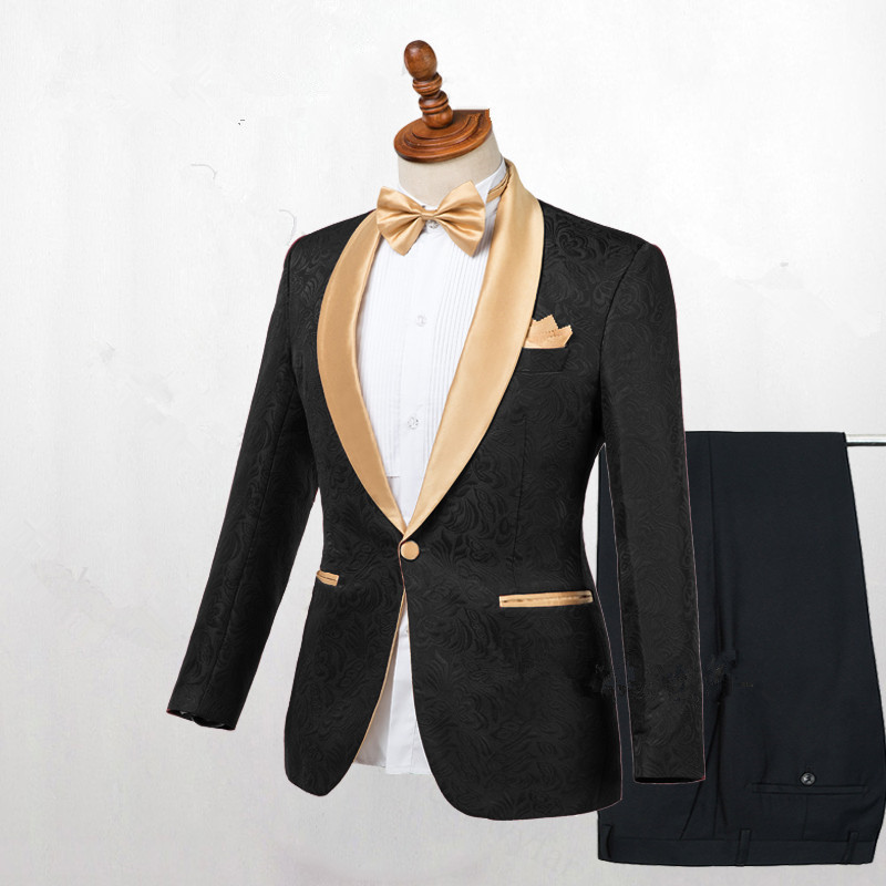 Chic Gold Shawl Lapel Tuxedo Wedding Suit with Black Jacquard