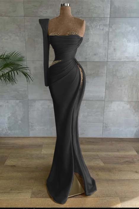 One Shoulder Long Sleeve Long High Split Formal Dress With Beading