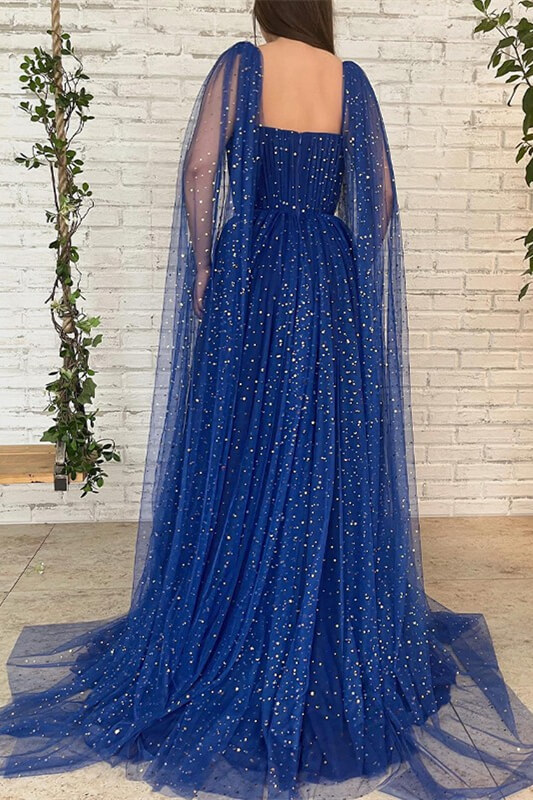 Royal Blue Long Tulle Evening Dress Beads With Ruffles