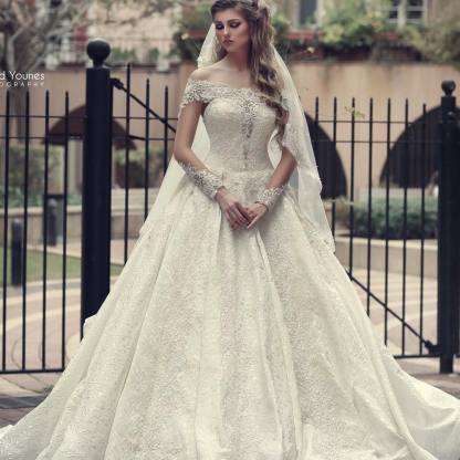 Glamorous Long Sleeves A-Line Off-the-Shoulder Wedding Dress Lace Backless Floor-Length with Appliques