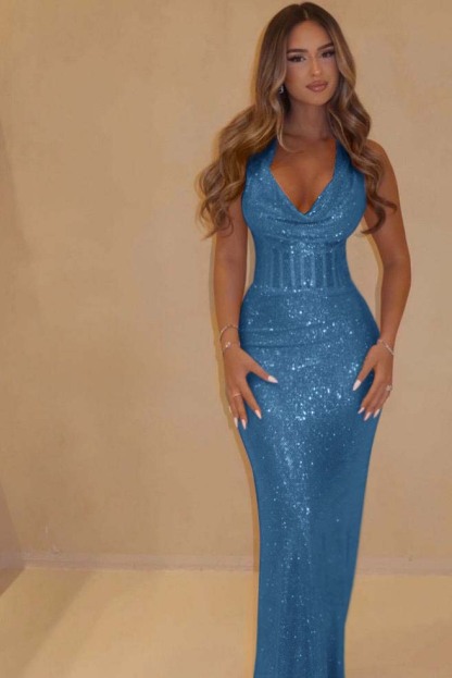 Sequin Halter Sleeveless Long Mermaid Formal Dress With Pleated