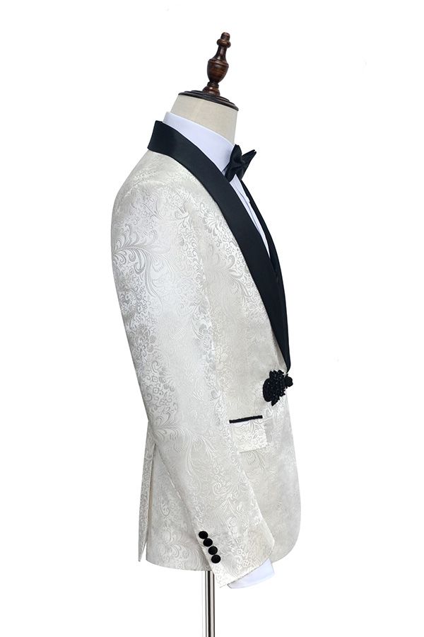 Stylish Knitted Button Black Shawl Lapel White Jacquard Three-Piece Wedding Tuxedo for Men