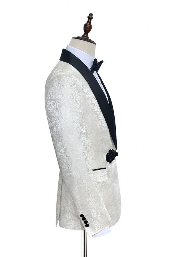 Stylish Knitted Button Black Shawl Lapel White Jacquard Three-Piece Wedding Tuxedo for Men