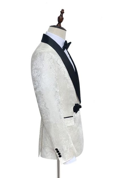 Stylish Knitted Button Black Shawl Lapel White Jacquard Three-Piece Wedding Tuxedo for Men
