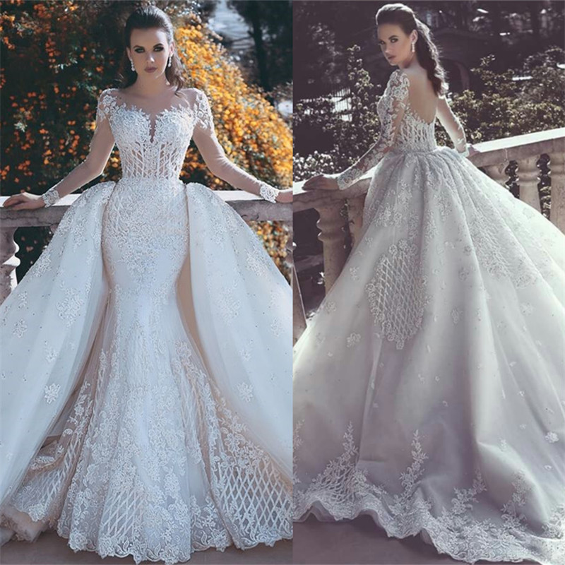 Long Sleeves Lace Appliques Mermaid Wedding Dress with Detachable Skirt
