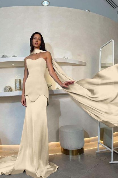 Halter Strapless Sleeveless Long Mermaid Formal Dress With Pleated