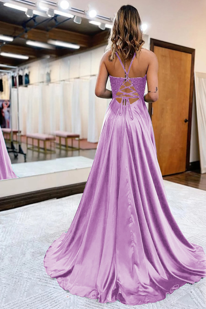Prom Dress in Dark Green Satin with A-Line Silhouette and Appliques Featuring a Slit