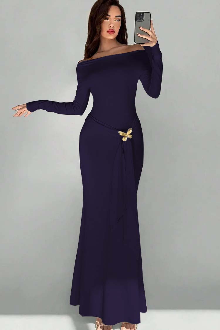 Off the Shoulder Long Sleeves Long Mermaid Formal Dress With Appliques