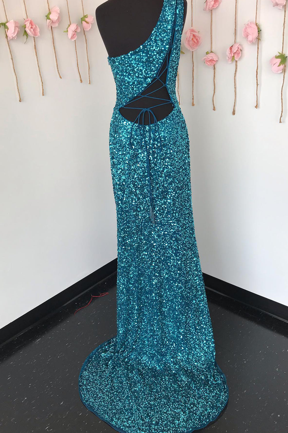 White Sequined Long Prom Gown with One Shoulder and Front Slit