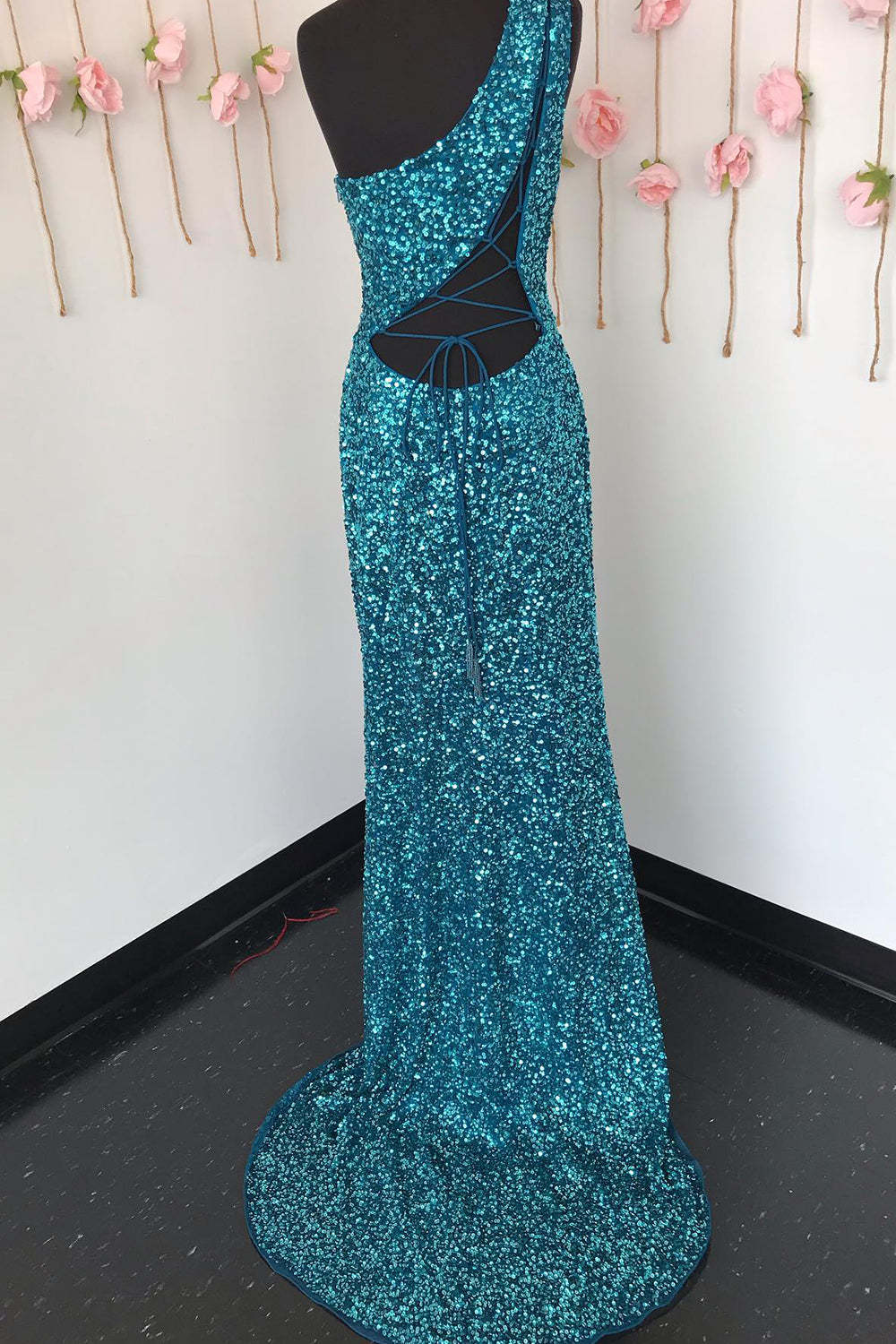 White Sequined Long Prom Gown with One Shoulder and Front Slit