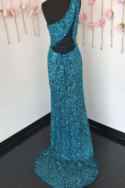 White Sequined Long Prom Gown with One Shoulder and Front Slit