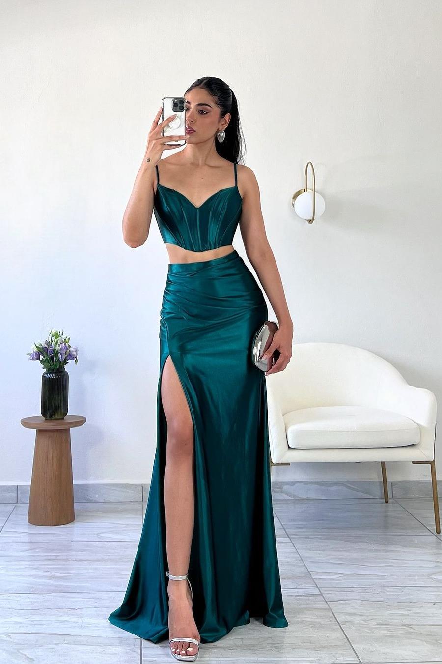 Two Pieces Spaghetti Strap Sleeveless Formal Dress With Front Split