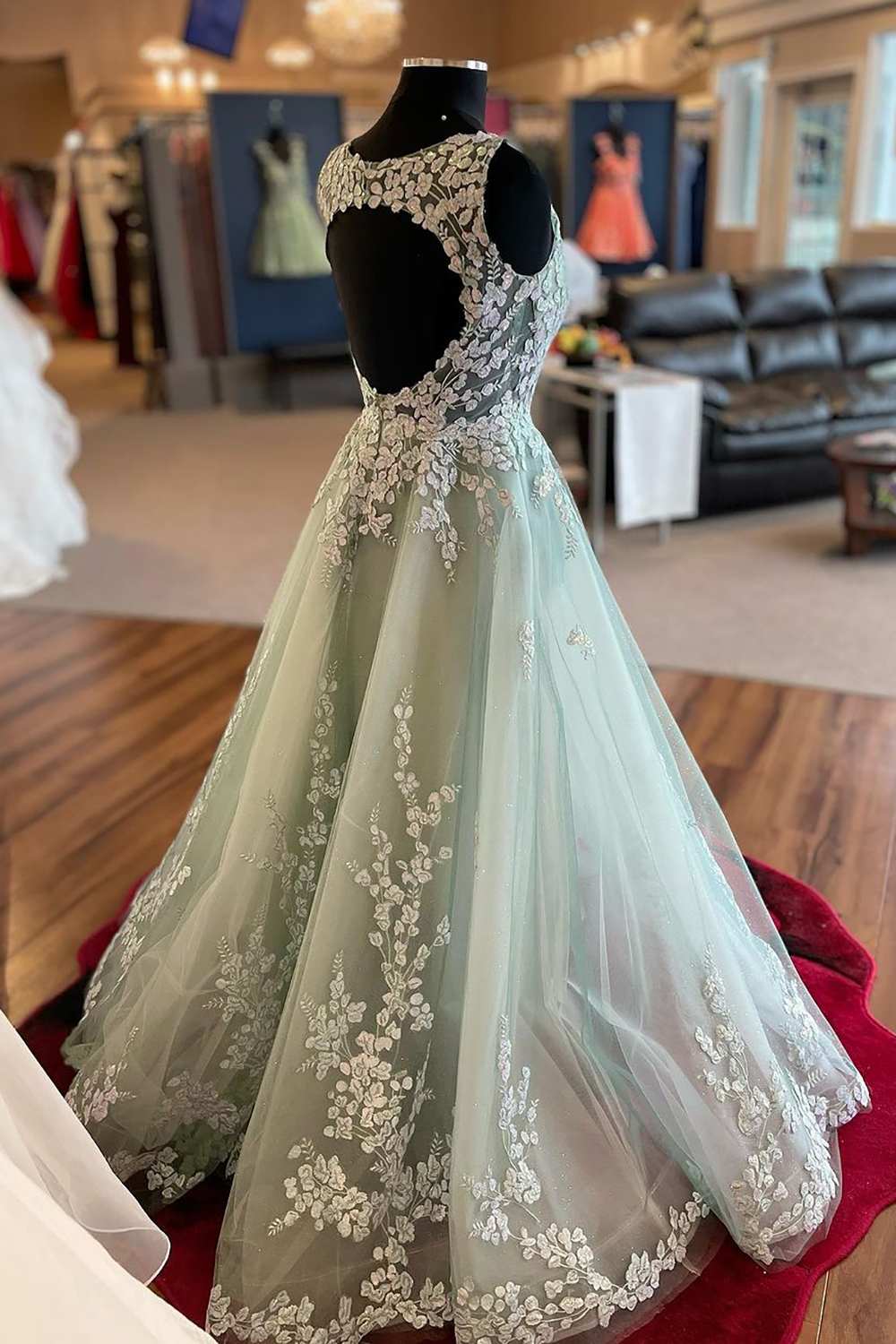 Elegant Light Green A-Line Prom Dress with Deep V-Neck and Appliques
