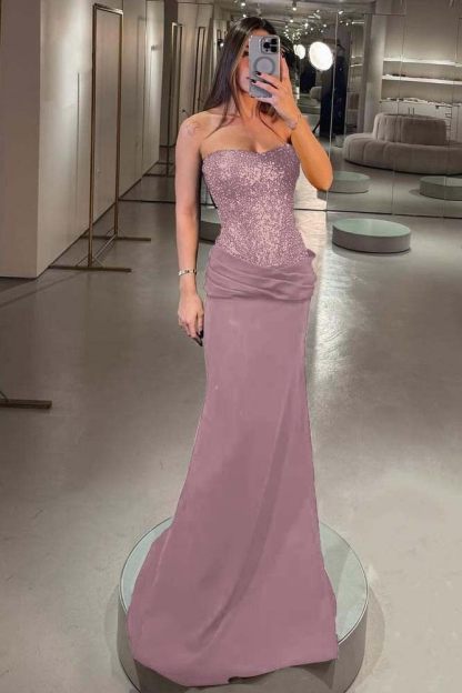Strapless Sleeveless Long Mermaid Formal Dress With Pleated Sequins