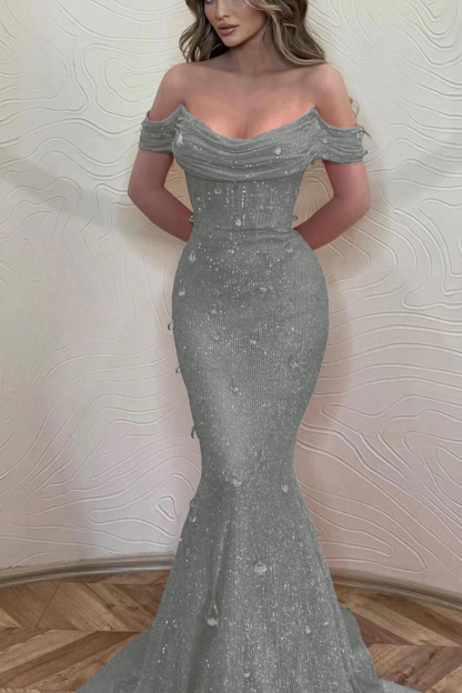 Orange Off the Shoulder Strapless Sleeveless Formal Dress With Sequins Mermaid