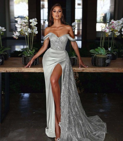 Light Blue Long Slit Mermaid Off-The-Shoulder Evening Dress With Sequins Ruffles